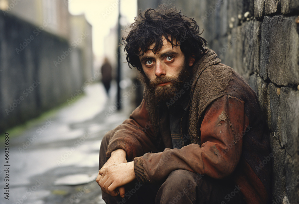 Portrait of  an young Caucasian ugly long haired thug man with moustache leaning on a wall in the quiet alley at day