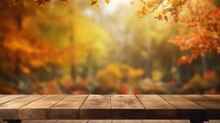 The Empty Rustic Wooden Table For Product Display With Blur Background Of Autumn Forest. Exuberant Image. Generative Ai