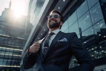 mid adult successful and confident businessman; rich man smiling wearing luxury clothing suit; low angle view of a wealthy man of business; concept of power and leadership