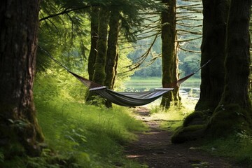 a hammock strung between two trees in a secluded spot