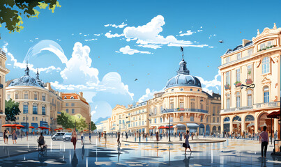 Wall Mural - Landscape of Montpellier, France in illustration style, cannes city, presentation pictures, Illustration, Generative AI