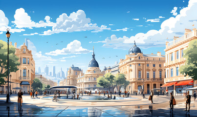 Wall Mural - Landscape of Montpellier, France in illustration style, cannes city, presentation pictures, Illustration, Generative AI