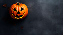 Classic Cut Out Jack-o-lantern Pumpkin With Evil Expression, On Dark Background, With Space
