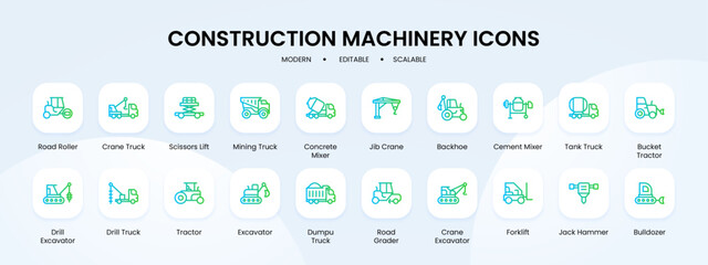 Construction machinary icon collection with blue and green gradient outline style. construction, machinery, equipment, truck, set, industrial, industry. Vector illustration