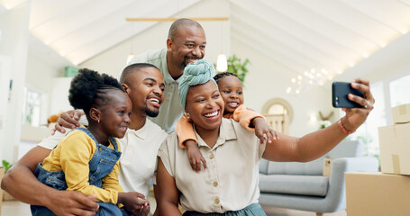 Sticker - Moving, happy family and selfie with kids in new home, boxes and people in living room of house. African mother, father and children in self portrait with boxes, real estate and happy investment.