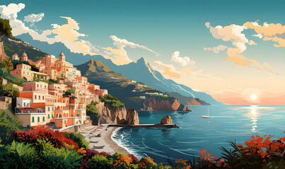 Wall Mural - Amalfi coast scenery Italy in Illustration style,  presentation pictures, Illustration, Generative AI