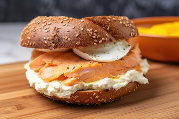 Sticker - close-up of salmon on a bagel with cream cheese