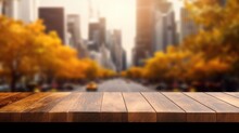 The Empty Wooden Table Top With Blur Background Of Business District And Office Building In Autumn. Exuberant Image. Generative Ai