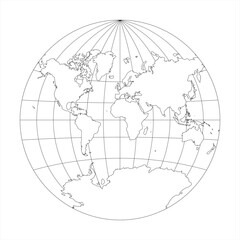Wall Mural - Simplified Map of World in the circle focused on Europe and Africa. Latitude and longitude grid. Van der Grinten projection. Thin black line wireframe vector illustration