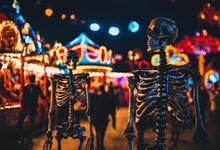 AI Generated Illustration Of Two Skeleton Figurines Standing In An Amusement Park At Night