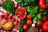 Fototapeta Kuchnia - top view of bruschetta, tomatoes and scattered basil leaves on a table