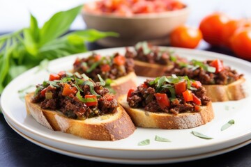 Sticker - side view of bruschetta with sun-dried tomato tapenade on a ceramic plate