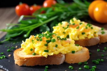 Poster - bruschetta with scrambled eggs and freshly chopped chives sprinkled on top