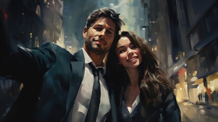 Poster - A painting of a man and a woman taking a selfie