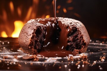 Canvas Print - a single chocolate lava cake breaking open