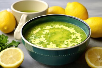 Wall Mural - zesty lemon detox soup in a tiled bowl with some lemon slices nearby