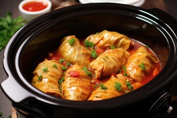 Canvas Print - hot cabbage rolls simmering in a slow cooker