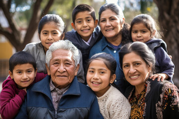 Wall Mural - Big Mexican family together. Family photo of joyful old people, children and grandchildren. Children and grandchildren visit elderly parents. Family traditions and values. Caring for the elderly.