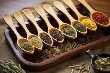 Wall Mural - herbal tea selection in various wooden spoons