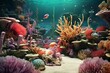 Beautiful lifeless coral and marine creatures on sea floor with realistic water mattepainting. Generative AI