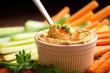 Wall Mural - closeup of a spoonful of hummus with vegetable sticks around