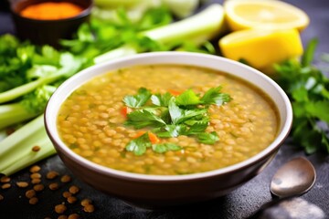 Poster - close up image of lentil soup with celery and carrots