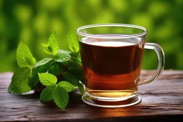 Poster - freshly brewed mug of peppermint tea with leaves beside