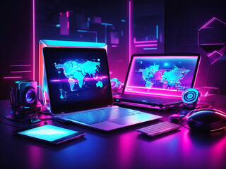 Modern neon technology concept with many expensive electronic gadgets on the desk tablet and laptop 