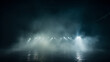 a stage lighting. There is a small light on the left center of the front that shines on part of the water, and there is a small amount of hazy smoke in the back. copy space - Generative AI