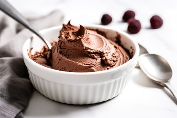 Sticker - dark chocolate mousse in a white bowl with a silver spoon