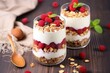 top view of muesli layered with fruits and nuts