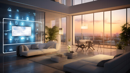 the concept of the Internet of things with an image of a smart home with artificial intelligence technology. Wide range of systems and devices within a household.