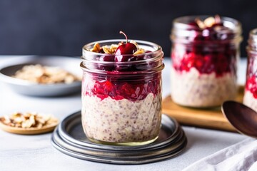 Poster - cherry topped overnight oats on a stone counter