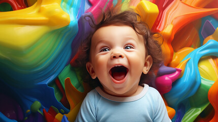 Wall Mural - coloured baby laughing with one tooth visible. Epic composition. - Generative AI