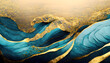 Abstract art wave curve flowing teal blue and gold in concept luxury, ocean wave, sea for background, banner.