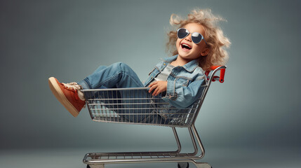 This is a child sitting in a shopping cart. sunglasses, jean jacket, jeans - Generative AI