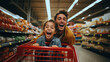 Happy father and daughter had a joyful time at the grocery store, with the daughter sitting in the cart while they picked out food - Generative AI