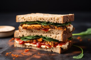 Sticker - a vegan sandwich with spicy mayo and tofu slices