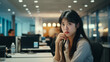 © seogi - no special light, nervous pose, facial trouble, nomal asian girl in office, working for advertising company, watching left side - Generative AI
