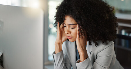 Business, headache and woman with pain at work of stress, fatigue or anxiety in office or desk. Professional, person and massage head with ache from overwork, mental health or tired at workplace