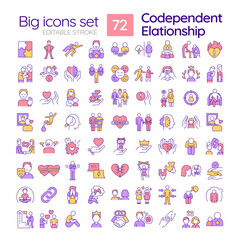 Sticker - 2D editable multicolor big line icons set representing codependent relationship, simple isolated vector, linear illustration.