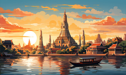 Scenery of Wat Arun, Bangkok, Thailand in illustrations, presentation images, travel image ideas, tourism promotion, postcards, generative AI