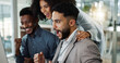 © N F/peopleimages.com - Business people, winner team and computer for financial success, bonus and profit or sales announcement or news. Professional group of employees with yes, surprise and wow for online goals or target