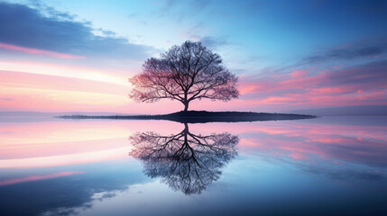 Poster - The Aesthetics of Reflection, a seaside tree. copy space - Generative AI