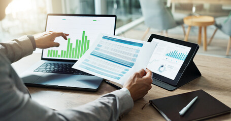 Aufkleber - Hands, laptop and chart with paper for business man, analysis or check progress of economy, investment or profit. Financial agent, pc and reading graph for data document, growth or numbers for future