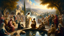 The Miracle Of Sight: Jesus Miraculous Healing Power Displayed To The Blind Man At The Pool Of Siloam In Jerusalem.