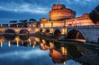 Blue hour view of illuminated mausoleum, known as Castel Sant'Angelo, from Sant'Angelo Bridge at dawn. Generative AI