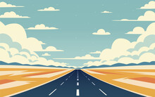 Road To Infinity, Vacation Trip, Banner Horizon Road Sky. Vector Illustration