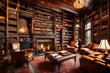 Wall Mural - A cozy library with bookshelves stretching to the ceiling and a crackling fireplace.