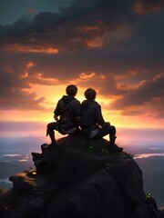 Wall Mural - Two close friends sitting on top of the hill watching the sunset
